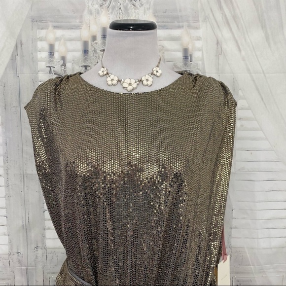 Alex Marie Dress Sequins Metallic Gold Black Sleeveless Faux Wrap Gown Formal - Picture 3 of 13